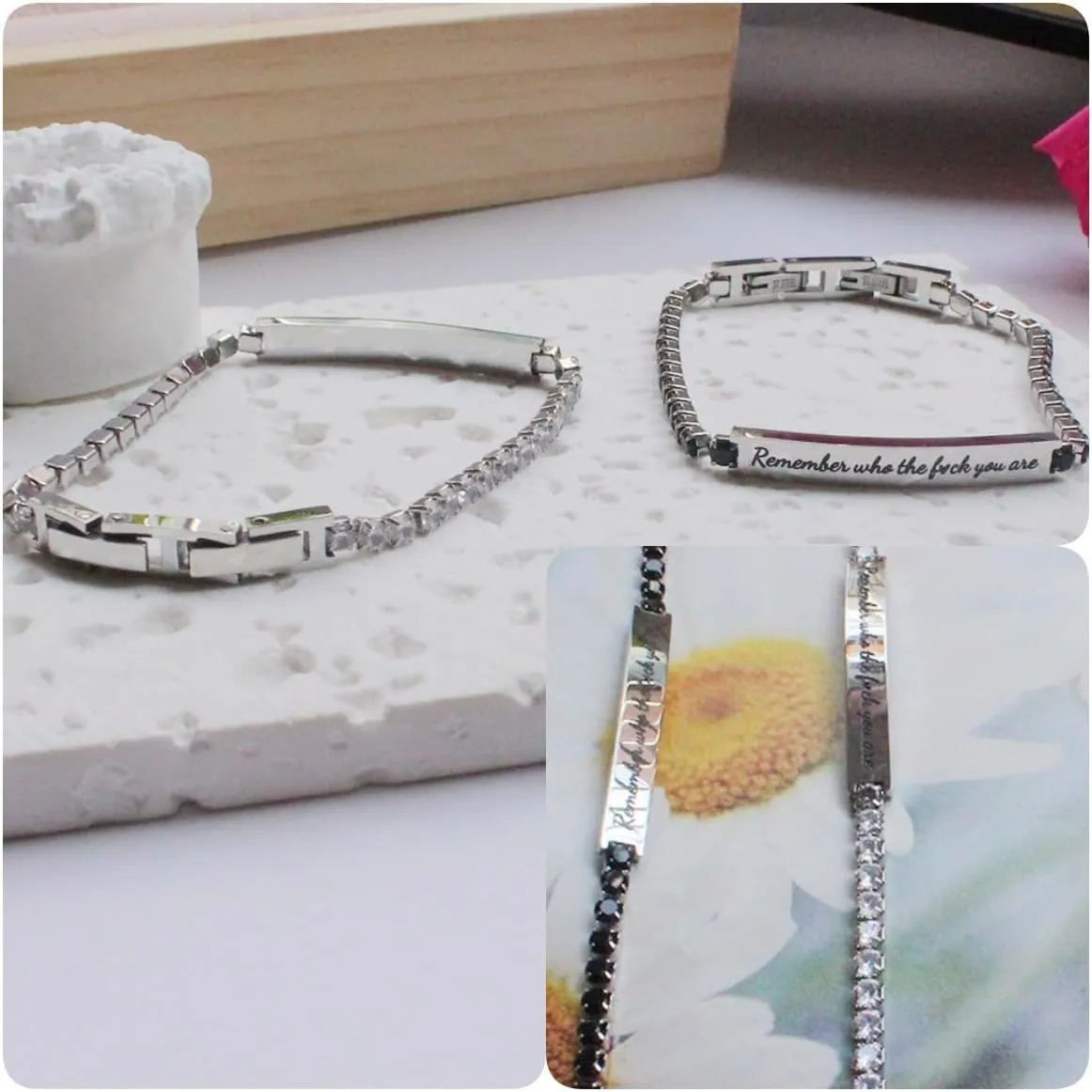 Remember Who The Fuck You Are Bracelet for Women, Crystal Diamond Tennis Bracelets Energy Bracelet Engraved Inspirational Little Words Holiday Christmas Gifts for Friend