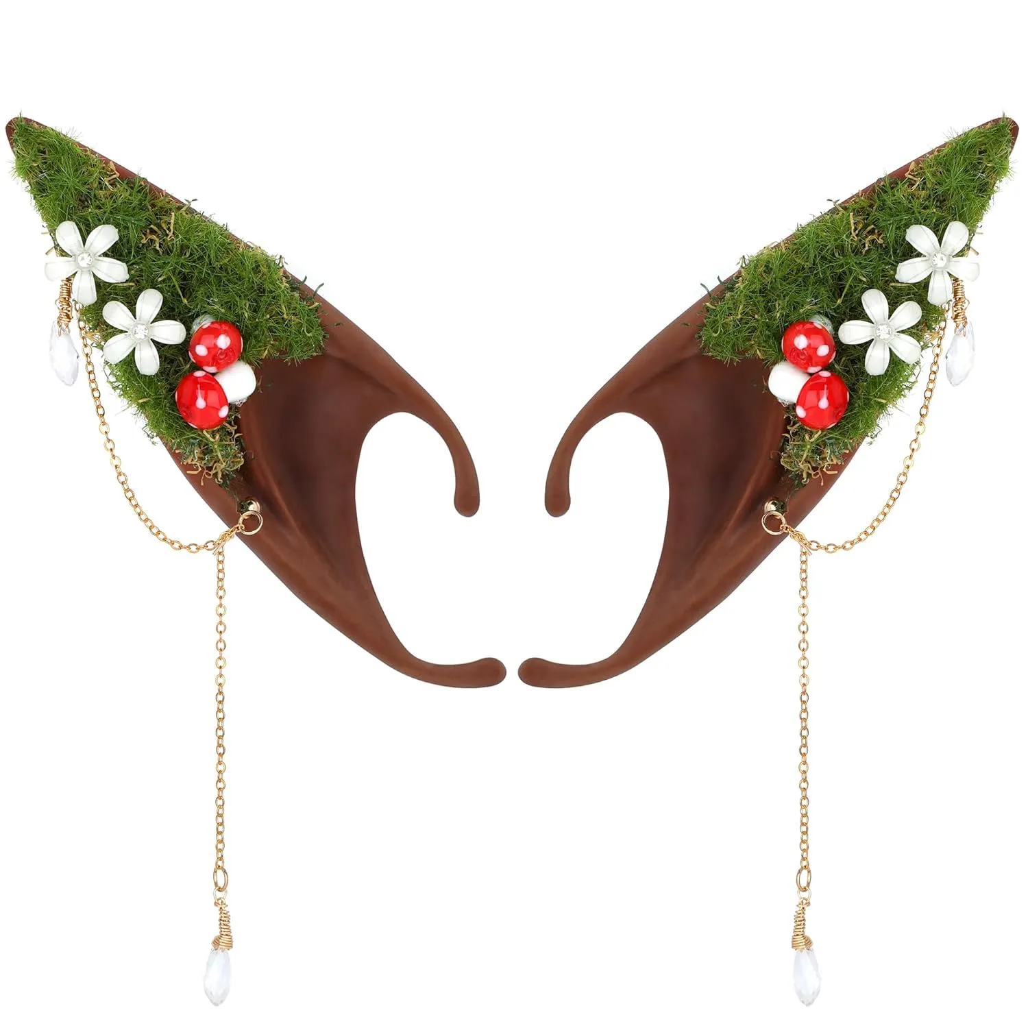 Renaissance Mushroom Brown Elf Ears- Forest Fairy Ears Cuffs with Moss Flower and Mushroom Non Piercing Ear Clips Wraps Earrings for Women Cosplay Christmas Halloween Cpsplay Photoshoot Costume Accessories