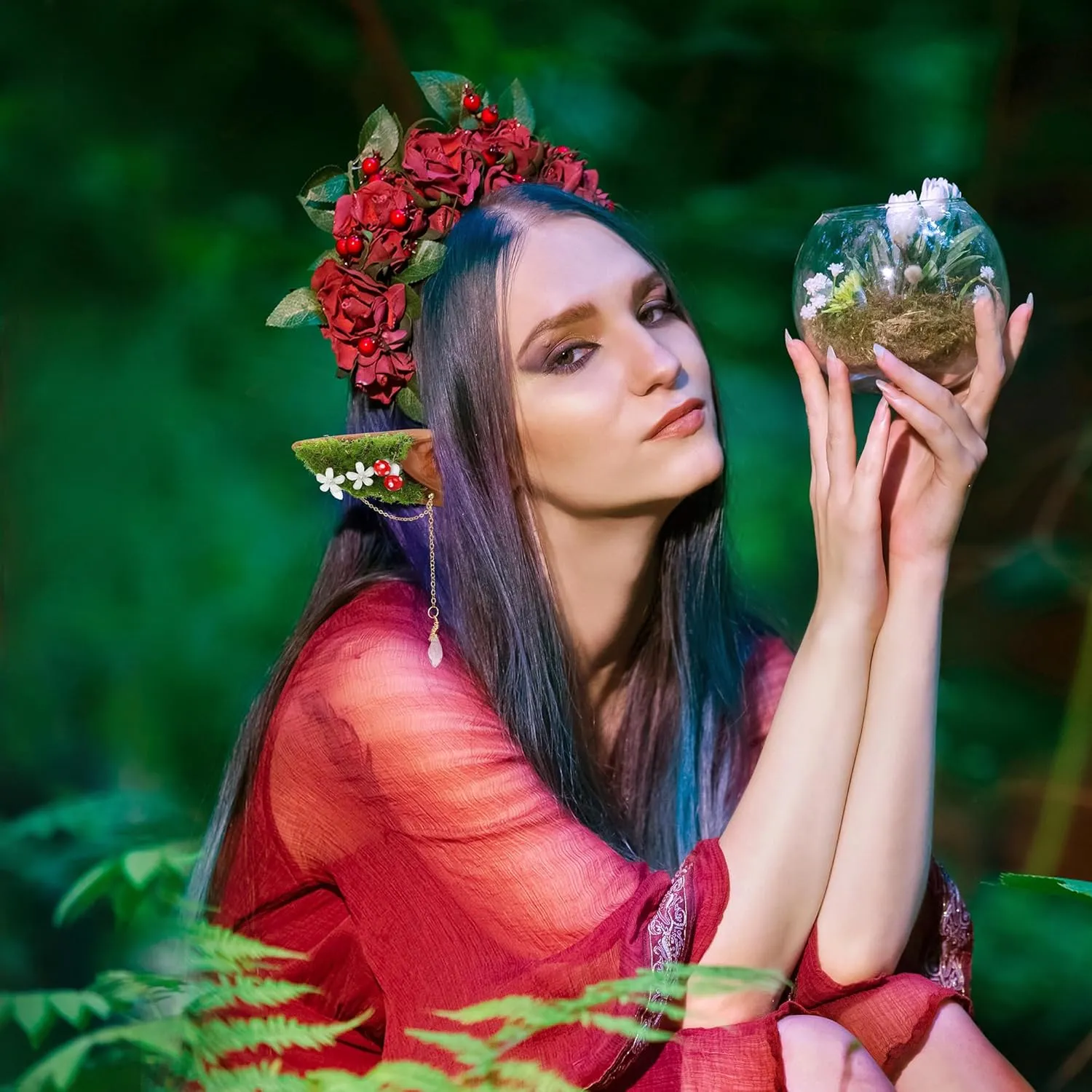 Renaissance Mushroom Brown Elf Ears- Forest Fairy Ears Cuffs with Moss Flower and Mushroom Non Piercing Ear Clips Wraps Earrings for Women Cosplay Christmas Halloween Cpsplay Photoshoot Costume Accessories