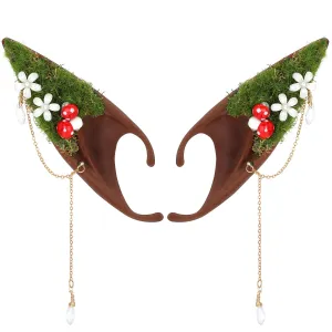 Renaissance Mushroom Brown Elf Ears- Forest Fairy Ears Cuffs with Moss Flower and Mushroom Non Piercing Ear Clips Wraps Earrings for Women Cosplay Christmas Halloween Cpsplay Photoshoot Costume Accessories
