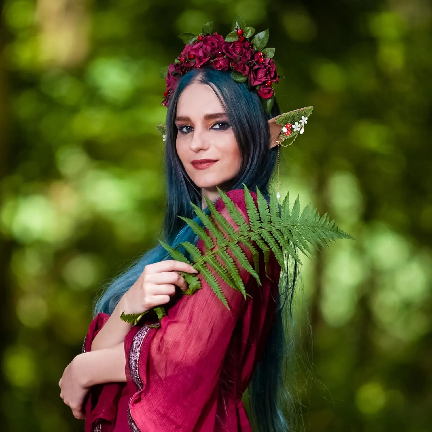 Renaissance Mushroom Brown Elf Ears- Forest Fairy Ears Cuffs with Moss Flower and Mushroom Non Piercing Ear Clips Wraps Earrings for Women Cosplay Christmas Halloween Cpsplay Photoshoot Costume Accessories