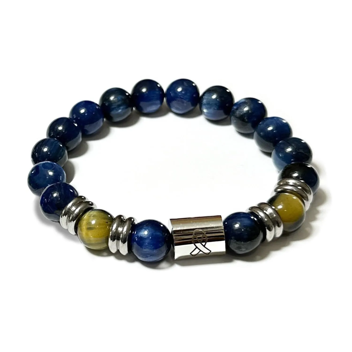 Resilience Cancer Awareness 10mm Unisex Bracelet | Wellness Healing Intention | Natural Blue Kyanite, Golden Tiger's Eye, Stainless Steel 7.5 inch | Handmade