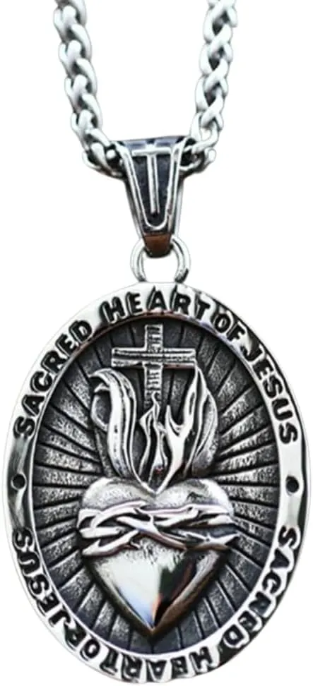 Retro Christian Sacred Heart Of Jesus Cross Pendant Necklace Men Women Stainless Steel Catholic Religious Pendant Chain Necklace, 23.6inch (60cm)