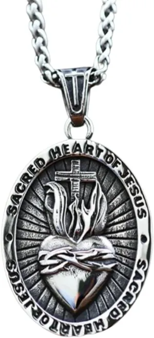 Retro Christian Sacred Heart Of Jesus Cross Pendant Necklace Men Women Stainless Steel Catholic Religious Pendant Chain Necklace, 23.6inch (60cm)