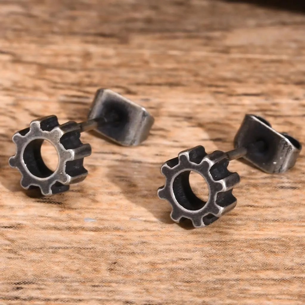 Retro Vintage Stainless Steel Gear Style Cocktail Party Biker Stud Earrings