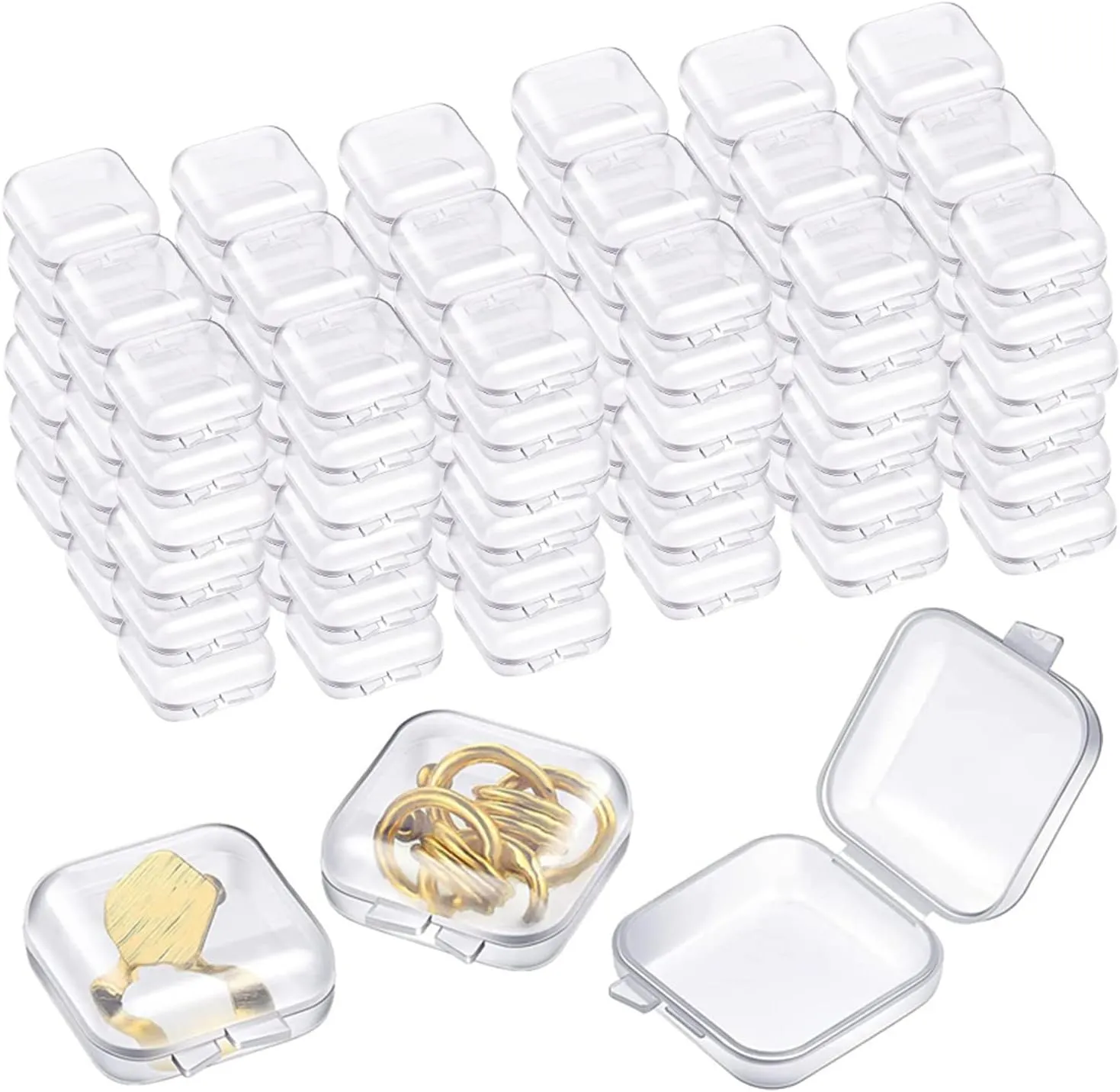 RHBLME 100 Pack Mini Clear Jewelry Storage Box with Hinged Lid, Small Plastic Jewelry Boxes, Jewelry Storage Containers, Transparent Square Jewelry Holder for Necklaces Earrings Rings Nose Studs