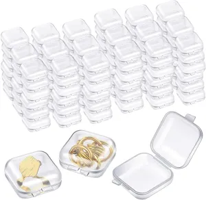 RHBLME 100 Pack Mini Clear Jewelry Storage Box with Hinged Lid, Small Plastic Jewelry Boxes, Jewelry Storage Containers, Transparent Square Jewelry Holder for Necklaces Earrings Rings Nose Studs