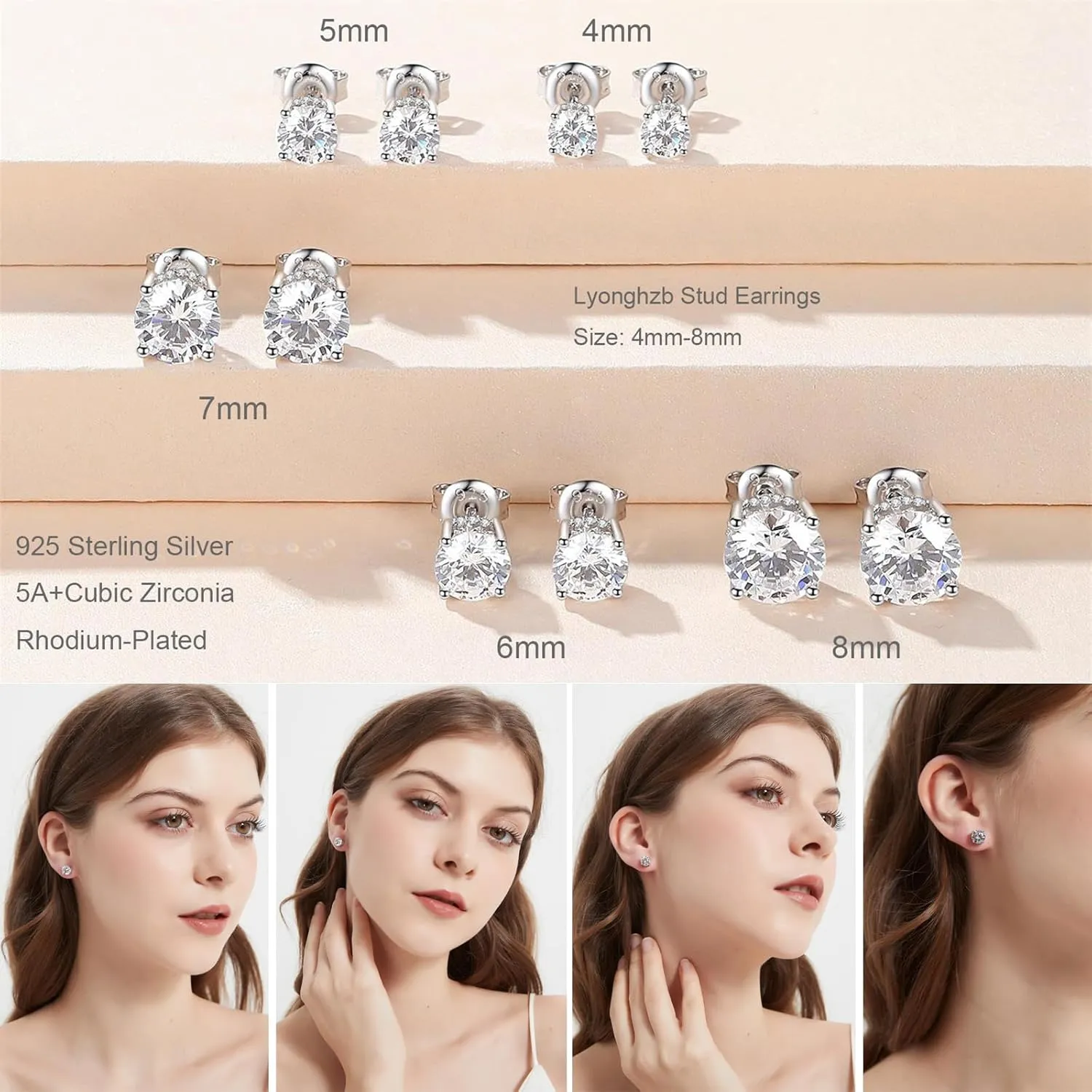 Rhodium Plated 925 Sterling Silver Round Brilliant Cut Cubic Zirconia Stud Earrings for Women Hypoallergenic Silver Post Stud Earrings size 4mm- 8mm (With Gift Box)