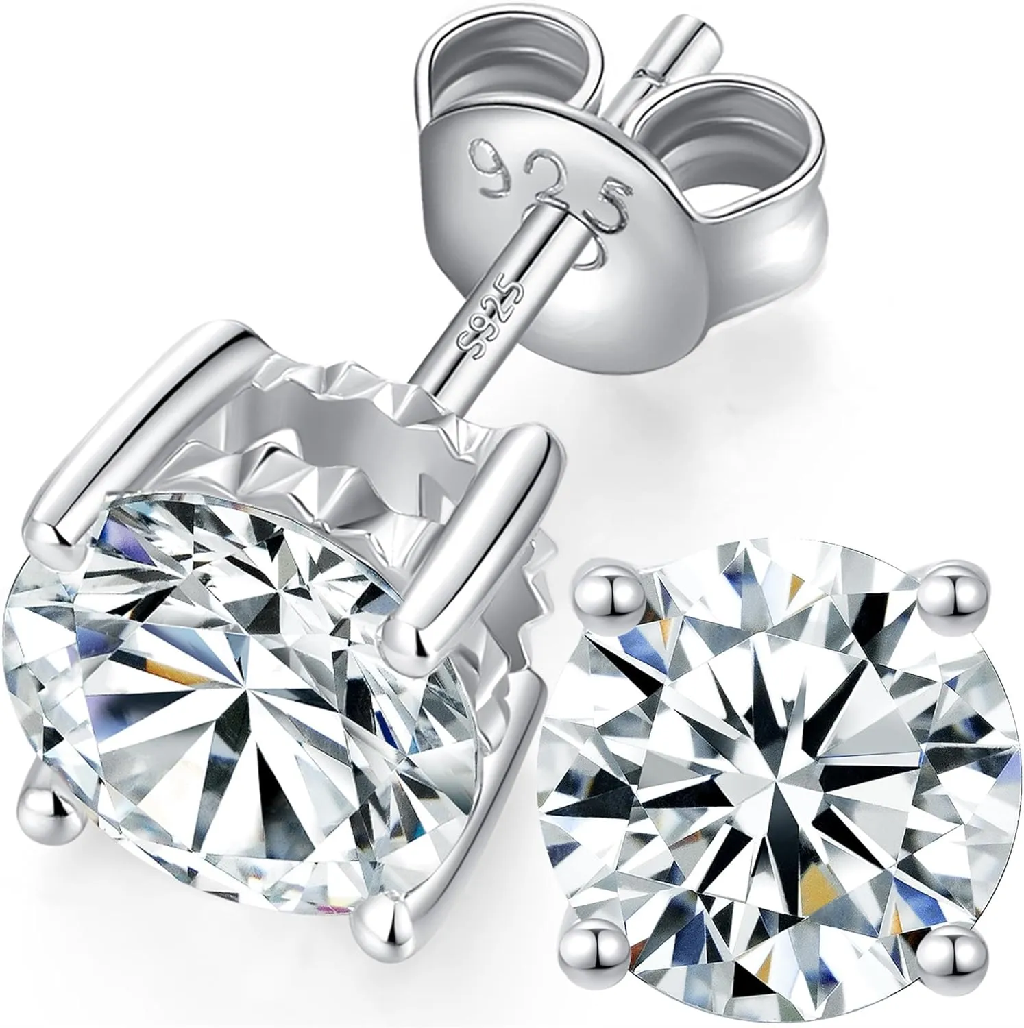 Rhodium Plated 925 Sterling Silver Round Brilliant Cut Cubic Zirconia Stud Earrings for Women Hypoallergenic Silver Post Stud Earrings size 4mm- 8mm (With Gift Box)