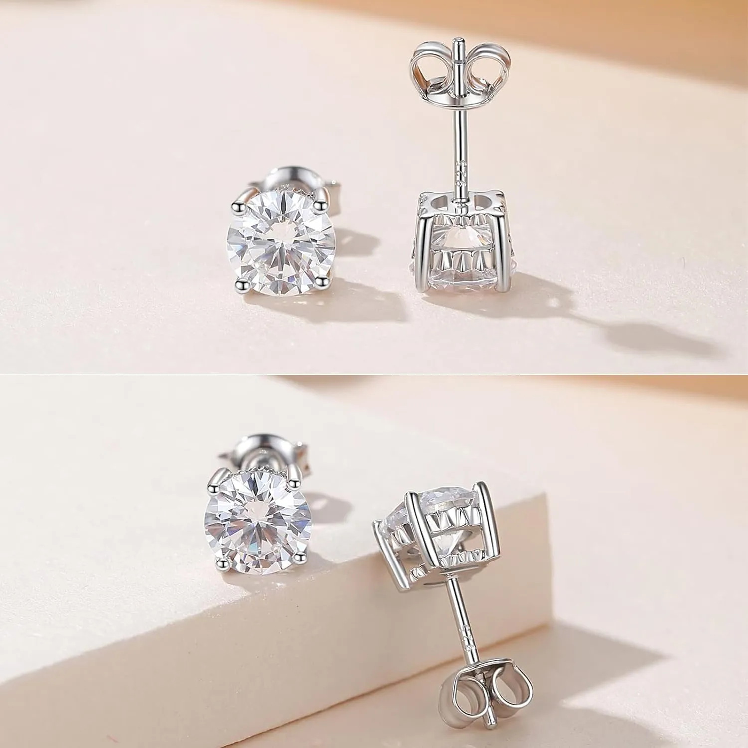 Rhodium Plated 925 Sterling Silver Round Brilliant Cut Cubic Zirconia Stud Earrings for Women Hypoallergenic Silver Post Stud Earrings size 4mm- 8mm (With Gift Box)