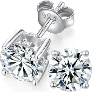 Rhodium Plated 925 Sterling Silver Round Brilliant Cut Cubic Zirconia Stud Earrings for Women Hypoallergenic Silver Post Stud Earrings size 4mm- 8mm (With Gift Box)