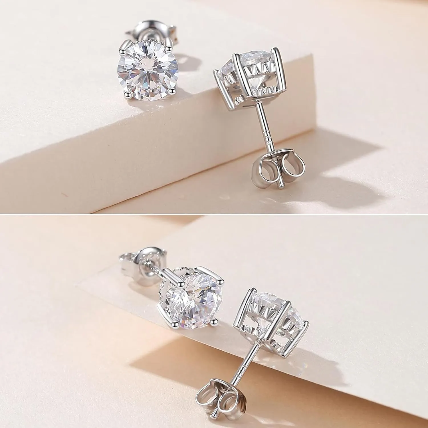 Rhodium Plated 925 Sterling Silver Round Brilliant Cut Cubic Zirconia Stud Earrings for Women Hypoallergenic Silver Post Stud Earrings size 4mm- 8mm (With Gift Box)