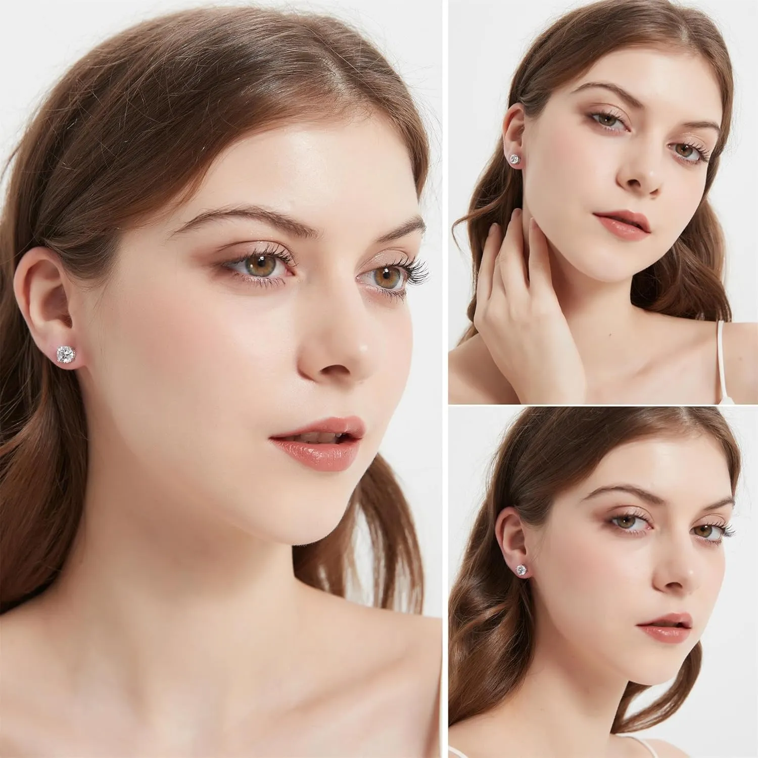 Rhodium Plated 925 Sterling Silver Round Brilliant Cut Cubic Zirconia Stud Earrings for Women Hypoallergenic Silver Post Stud Earrings size 4mm- 8mm (With Gift Box)
