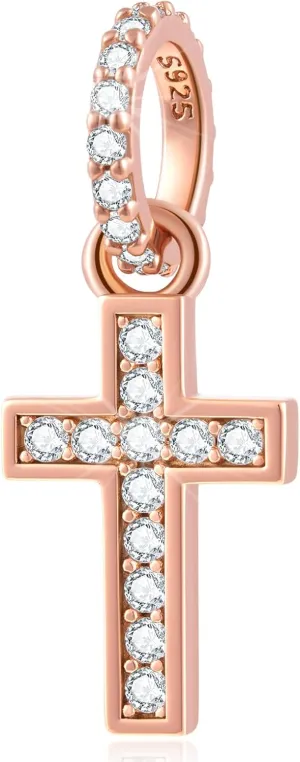 Rose Gold Sparkling Cross Charms fit Pandora Bracelet Necklace, Pave CZ Faith Cross Pendant Christian Beads in 925 Sterling Silver, Gifts for God Mom/Goddaughter/Friends