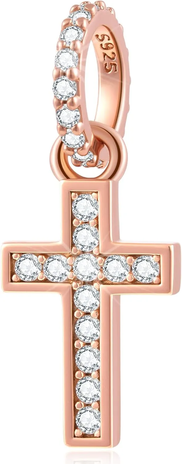 Rose Gold Sparkling Cross Charms fit Pandora Bracelet Necklace, Pave CZ Faith Cross Pendant Christian Beads in 925 Sterling Silver, Gifts for God Mom/Goddaughter/Friends