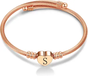 Rose Gold Women Heart Initial A-Z Letter Cuff Bracelets Name Expandable Bangle Bracelet Birthday Gifts