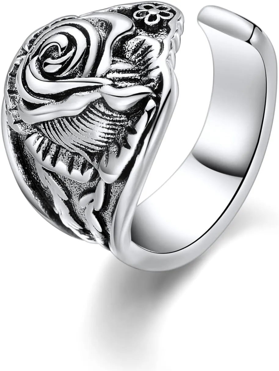 Rose Spoon Rings for Women Vintage Floral Statement Adjustable Open Thumb Handmade Jewelry