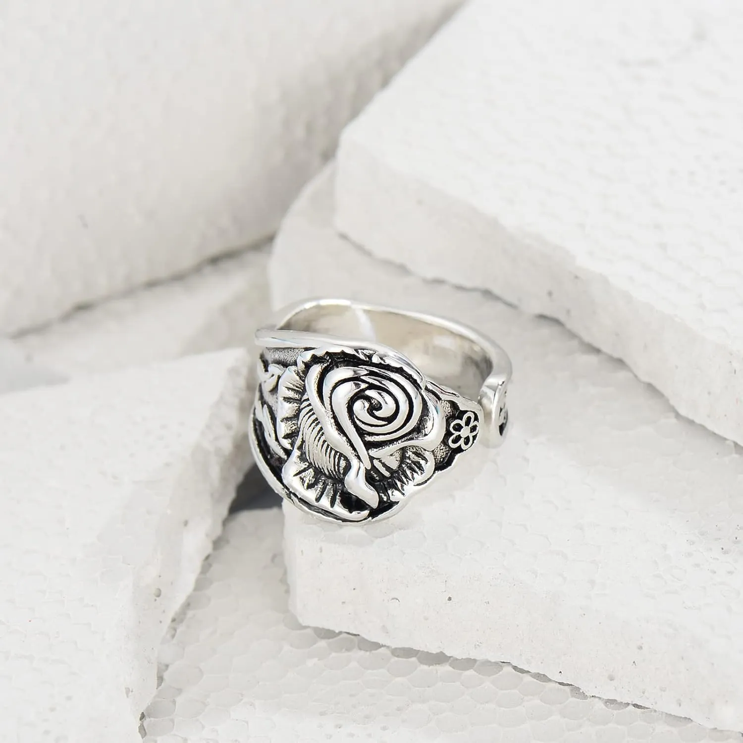 Rose Spoon Rings for Women Vintage Floral Statement Adjustable Open Thumb Handmade Jewelry
