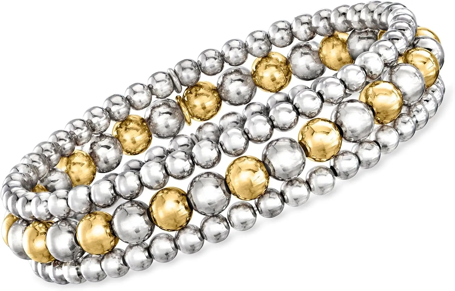 Ross-Simons Italian 2-Tone Sterling Silver Jewelry Set: 3 4-6mm Bead Stretch Bracelets. 8 inches