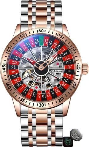 Roulette Wheel Automatic Mechanical Watch for Men Swinging Rotary Dial Design Hollow Skeleton Watches Stainless Steel Waterproof Business Luxury Wristwatch