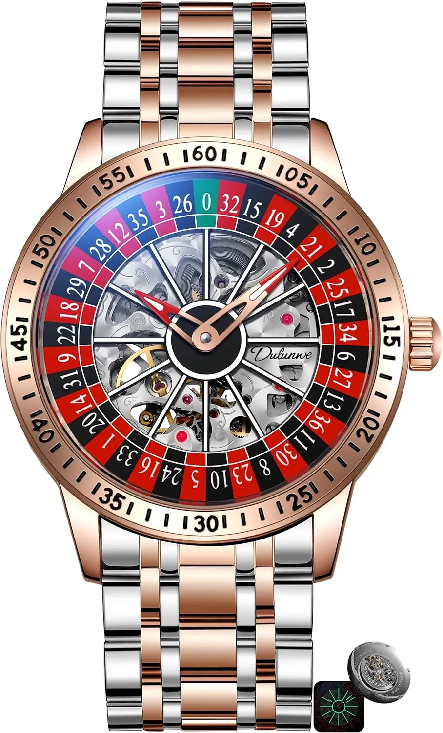 Roulette Wheel Automatic Mechanical Watch for Men Swinging Rotary Dial Design Hollow Skeleton Watches Stainless Steel Waterproof Business Luxury Wristwatch