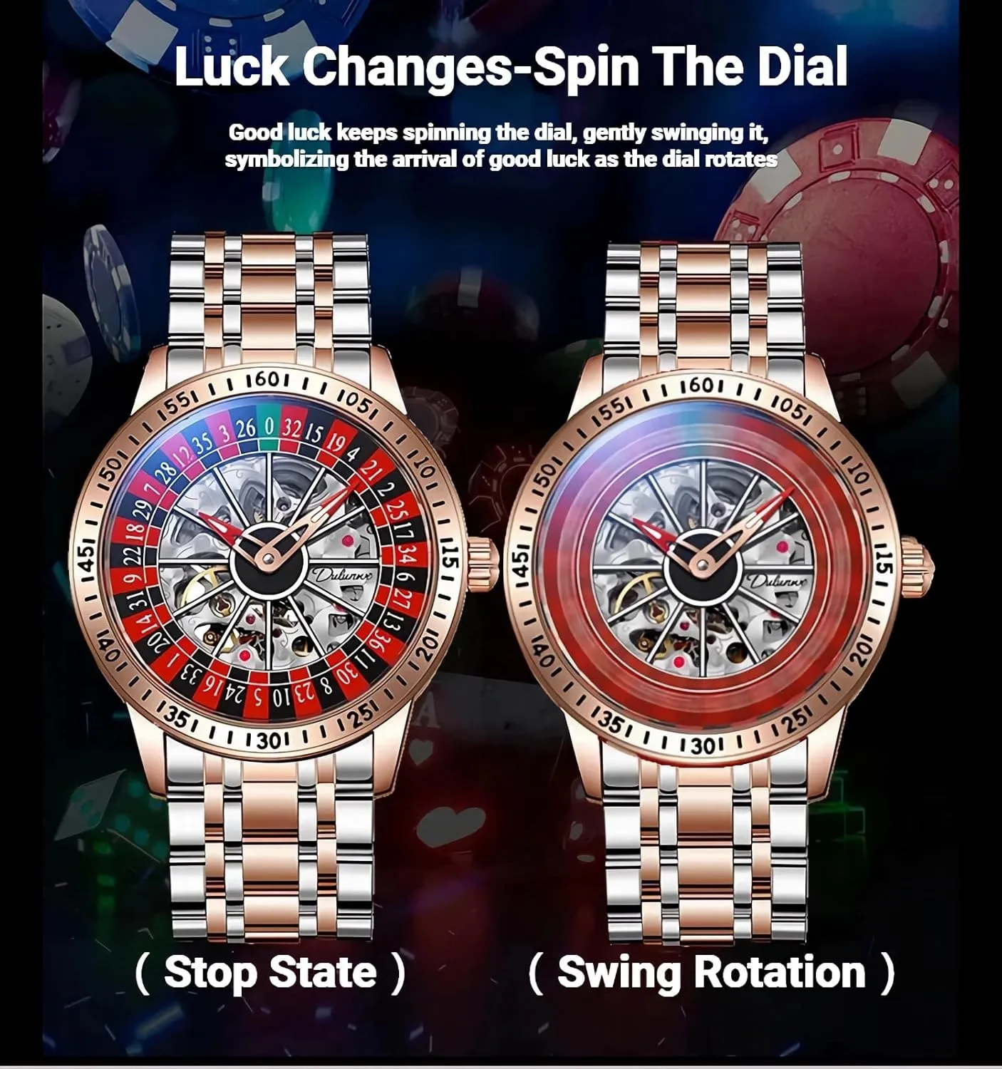 Roulette Wheel Automatic Mechanical Watch for Men Swinging Rotary Dial Design Hollow Skeleton Watches Stainless Steel Waterproof Business Luxury Wristwatch