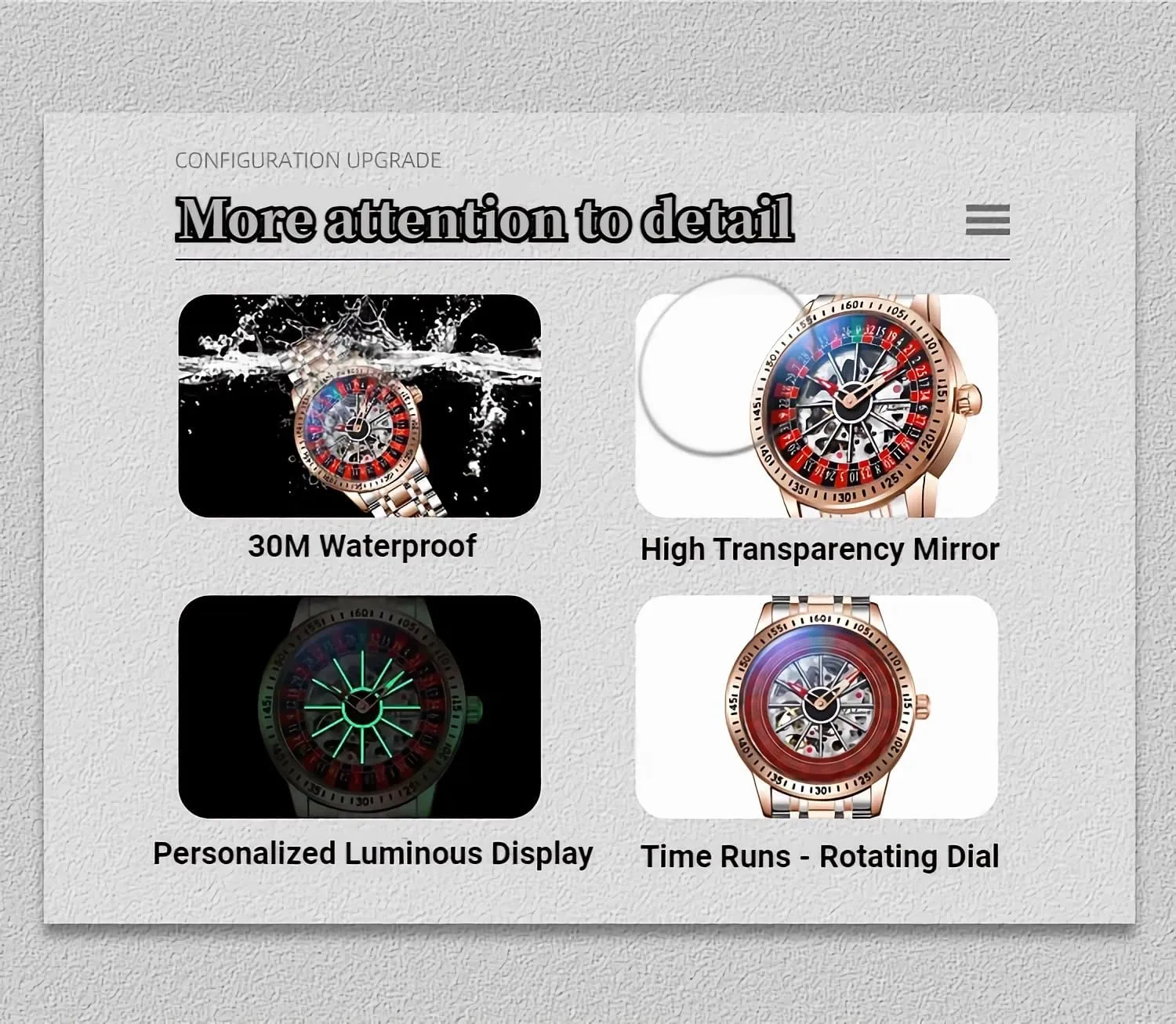 Roulette Wheel Automatic Mechanical Watch for Men Swinging Rotary Dial Design Hollow Skeleton Watches Stainless Steel Waterproof Business Luxury Wristwatch