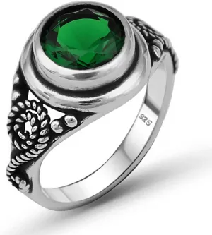 Round Shape Brilliant Cut Green Cz Cubic Zirconia Stone Genuine 925 Sterling Silver Simulated Emerald Luxury Filigree Statement Ring for Women Gift for Her