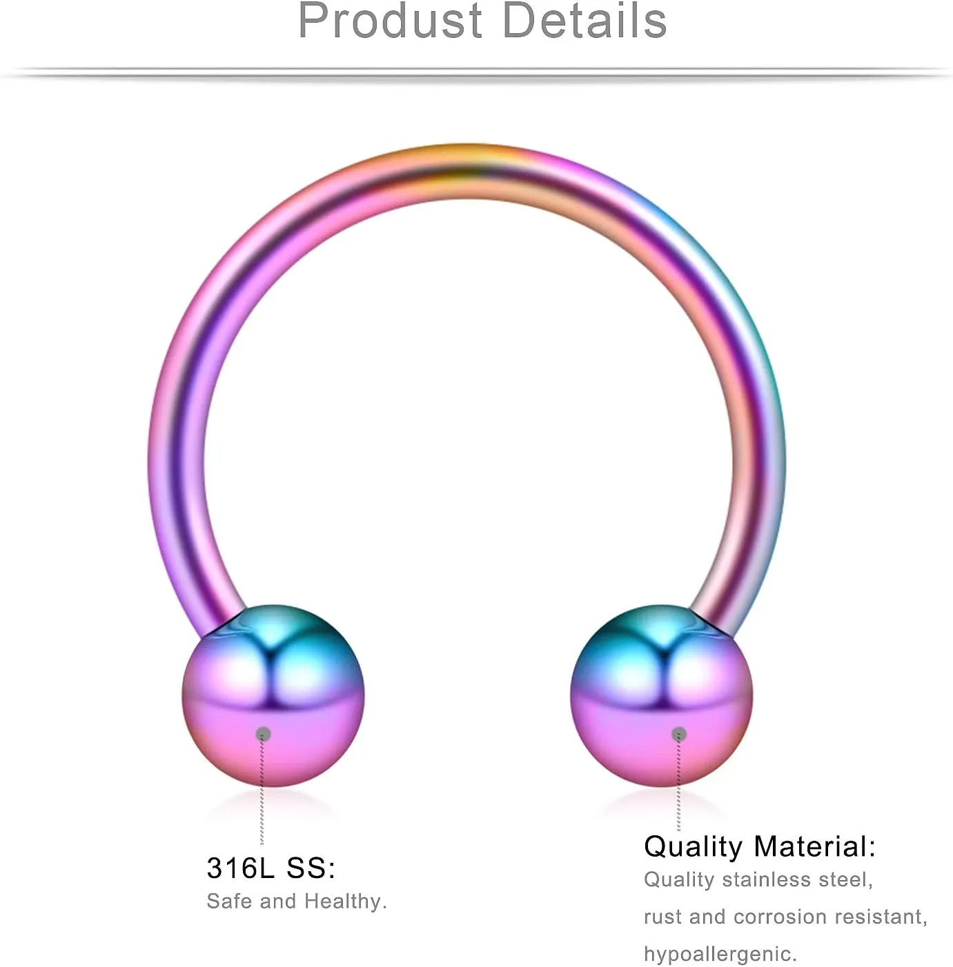 Ruifan 16-24PCS 16G Surgical Steel Horseshoe & Captive Bead Nose Hoop Septum Earring Eyebrow Tongue Lip Nipple Helix Tragus Piercing Jewelry Rings 6-16mm
