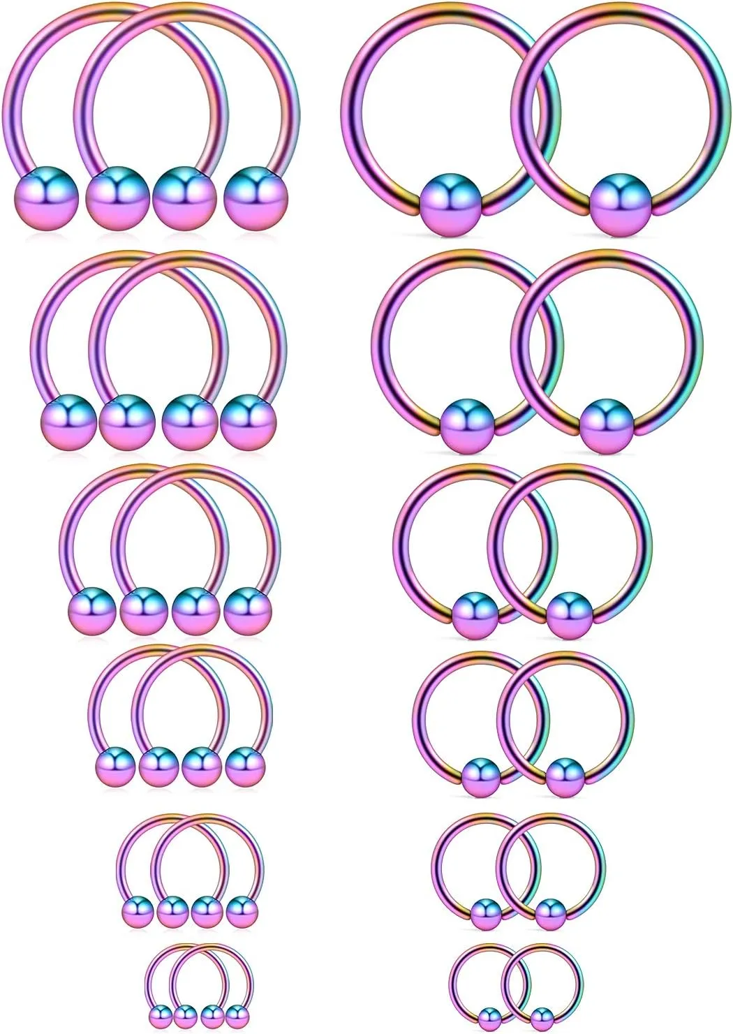 Ruifan 16-24PCS 16G Surgical Steel Horseshoe & Captive Bead Nose Hoop Septum Earring Eyebrow Tongue Lip Nipple Helix Tragus Piercing Jewelry Rings 6-16mm