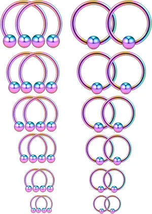 Ruifan 16-24PCS 16G Surgical Steel Horseshoe & Captive Bead Nose Hoop Septum Earring Eyebrow Tongue Lip Nipple Helix Tragus Piercing Jewelry Rings 6-16mm