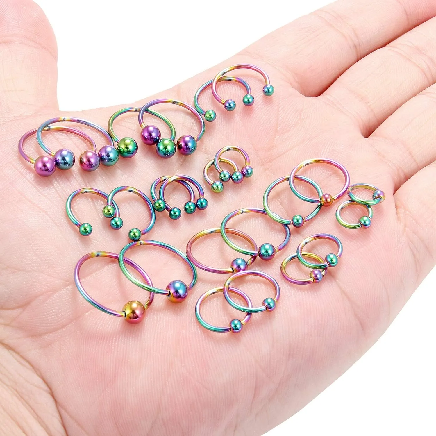 Ruifan 16-24PCS 16G Surgical Steel Horseshoe & Captive Bead Nose Hoop Septum Earring Eyebrow Tongue Lip Nipple Helix Tragus Piercing Jewelry Rings 6-16mm
