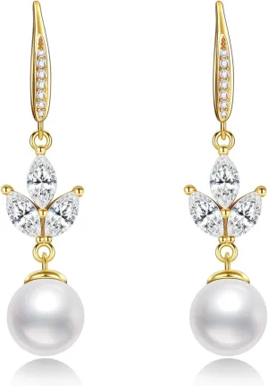 S925 Silver Drop Dangle Pearl Earrings for Brides, Gold/Silver Bridal Jewelry for Wedding with Cubic Zirconia Hypoallergenic
