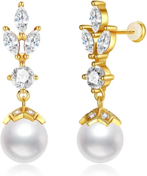 S925 Silver Drop Dangle Pearl Earrings for Brides, Gold/Silver Bridal Jewelry with 5A Cubic Zirconia for Wedding Hypoallergenic