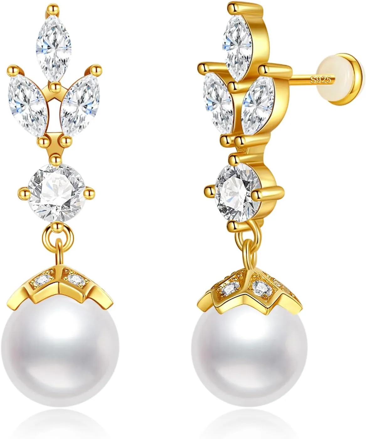 S925 Silver Drop Dangle Pearl Earrings for Brides, Gold/Silver Bridal Jewelry with 5A Cubic Zirconia for Wedding Hypoallergenic