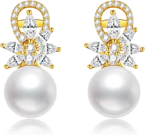 S925 Silver Stud Pearl Earrings for Brides, Gold/Silver Bridal Jewelry with 5A Cubic Zirconia for Wedding Hypoallergenic