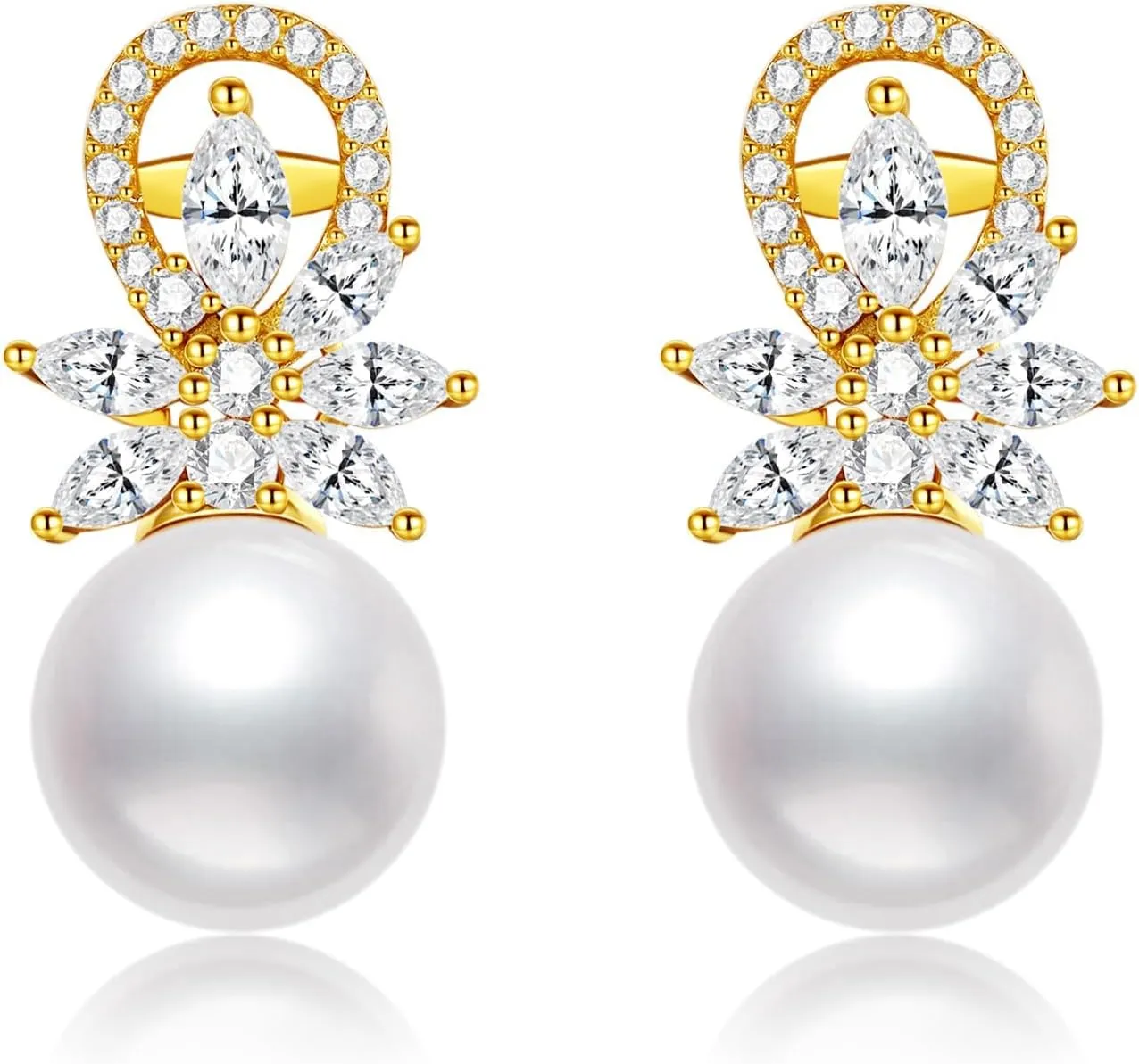 S925 Silver Stud Pearl Earrings for Brides, Gold/Silver Bridal Jewelry with 5A Cubic Zirconia for Wedding Hypoallergenic