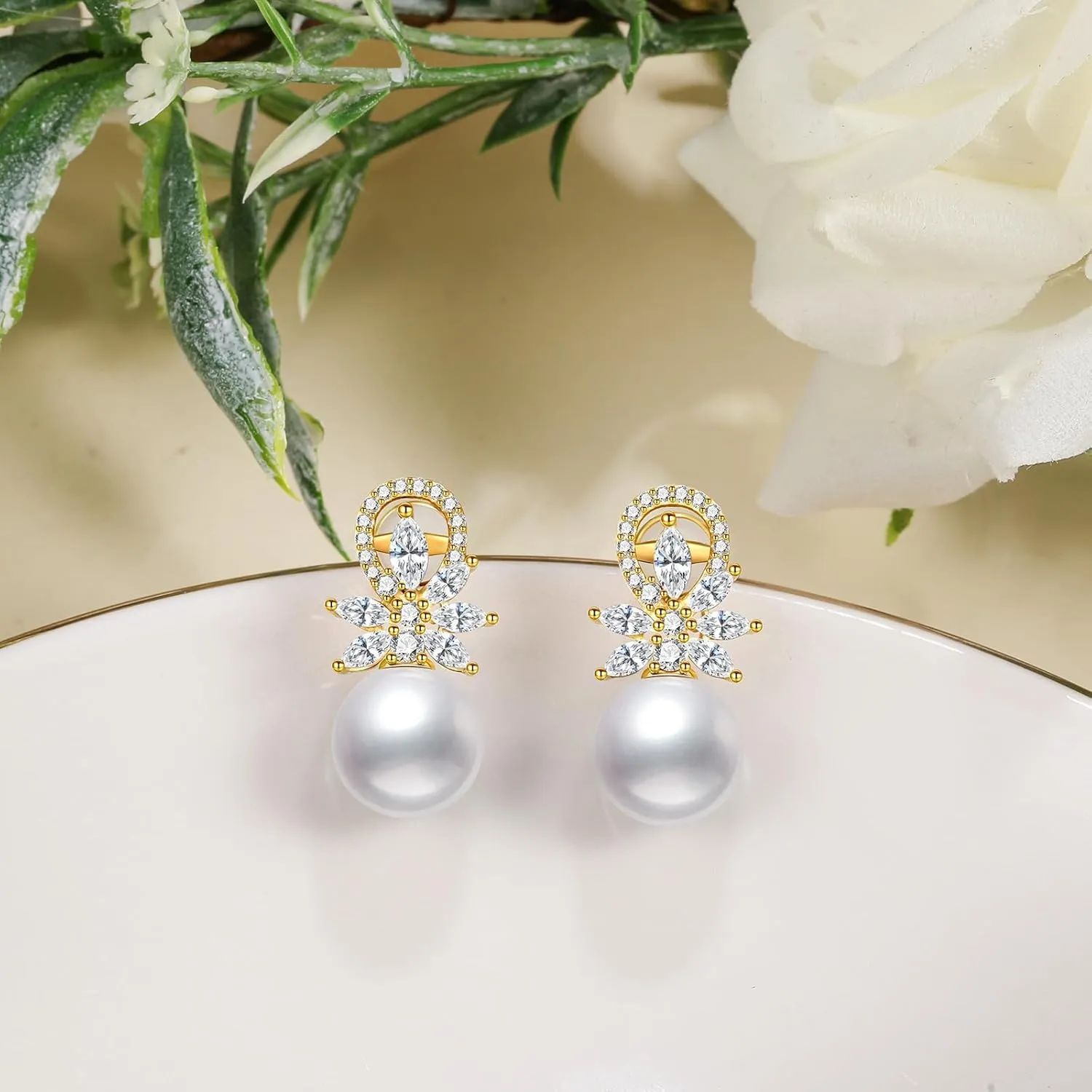S925 Silver Stud Pearl Earrings for Brides, Gold/Silver Bridal Jewelry with 5A Cubic Zirconia for Wedding Hypoallergenic