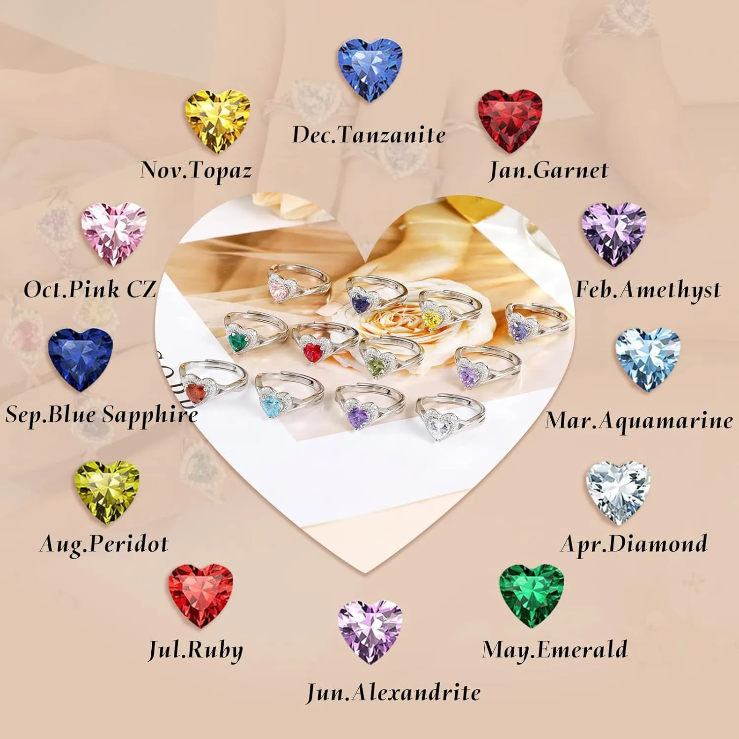 S925 Sterling Silver Birthstone Rings for Women Engagement Ring For Women Adjustable Promise Rings for Wife, Mom, Daughter Jewelry Birthday Wedding Anniversary Valentines Gifts