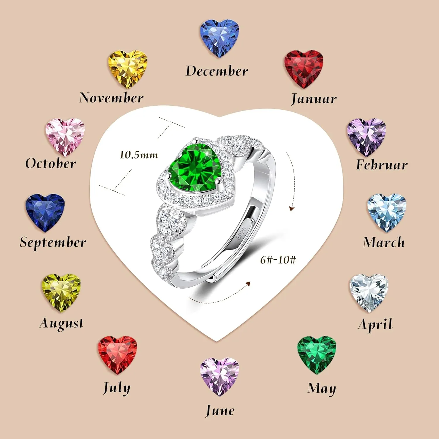 S925 Sterling Silver Birthstone Rings for Women Engagement Ring For Women Adjustable Promise Rings for Wife, Mom, Daughter Jewelry Birthday Wedding Anniversary Valentines Gifts