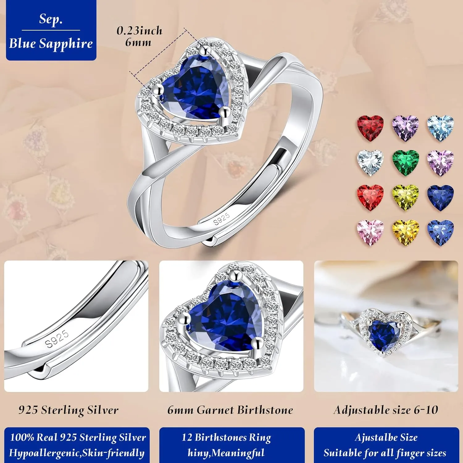 S925 Sterling Silver Birthstone Rings for Women Engagement Ring For Women Adjustable Promise Rings for Wife, Mom, Daughter Jewelry Birthday Wedding Anniversary Valentines Gifts
