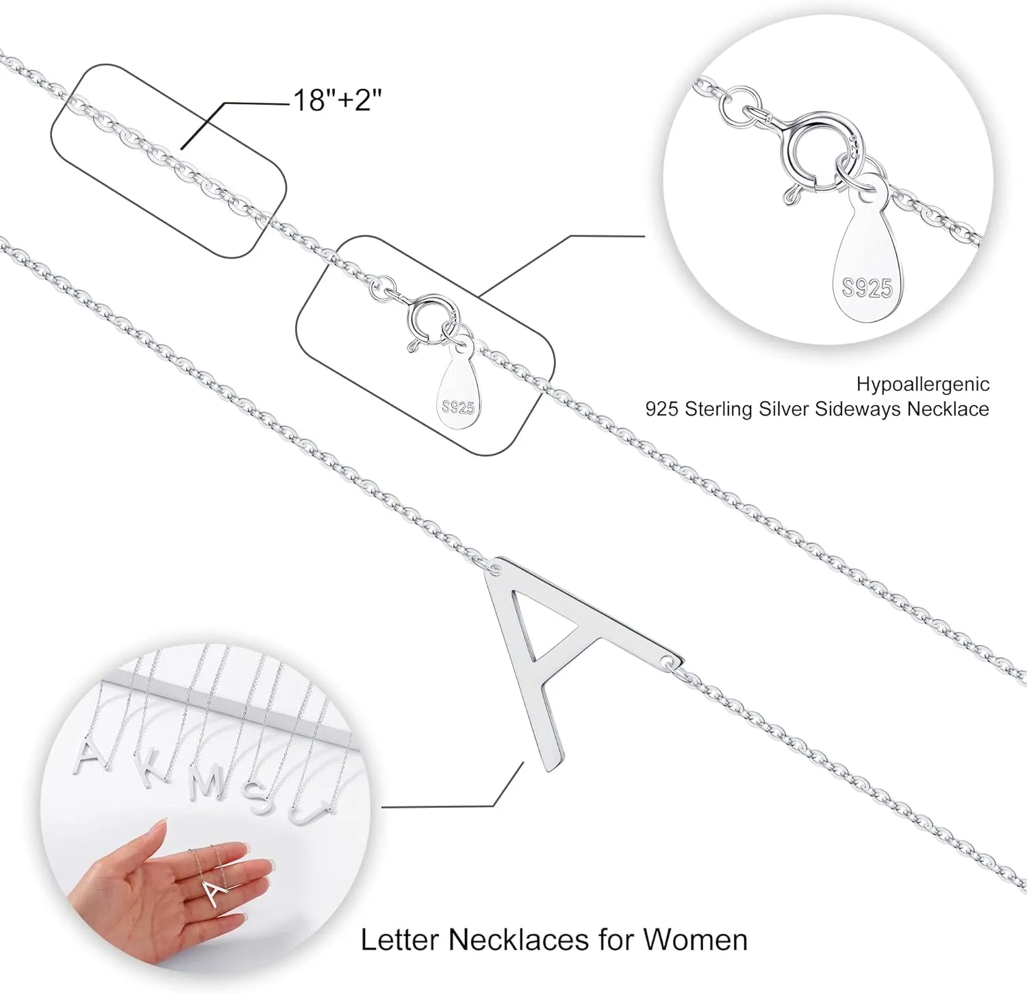 S925 Sterling Silver Sideways Initial Necklaces for Women, Dainty Hypoallergenic Sterling Silver Letter A-Z Pendant Necklace Silver Sideways Initial Letter Necklace for Women Girls Jewelry Gifts