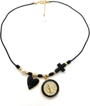 Saint Benedict Gold and Black Tone Enamel Pendant Powerful Azabache Chocker Gargantilla Protectora