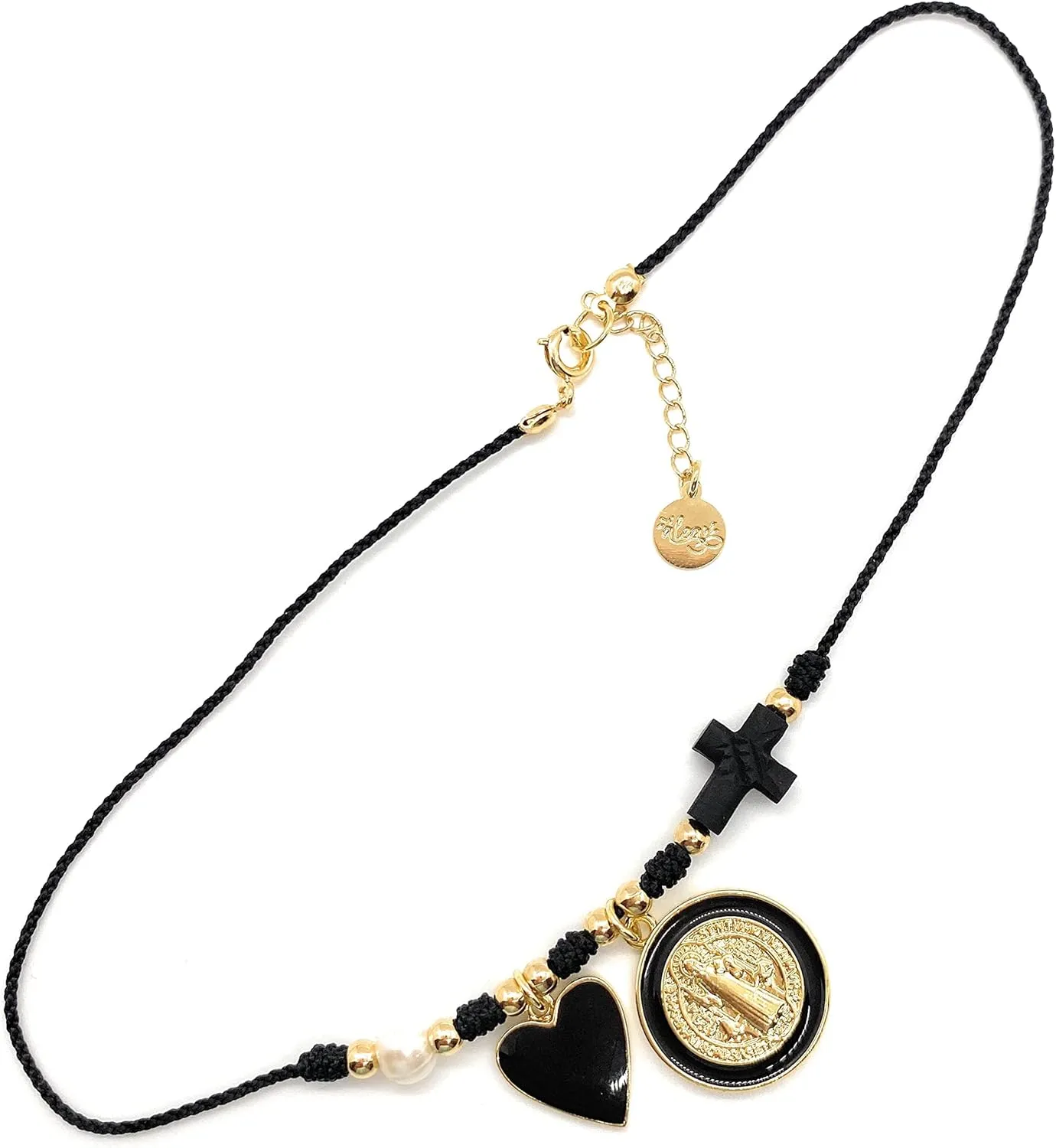 Saint Benedict Gold and Black Tone Enamel Pendant Powerful Azabache Chocker Gargantilla Protectora