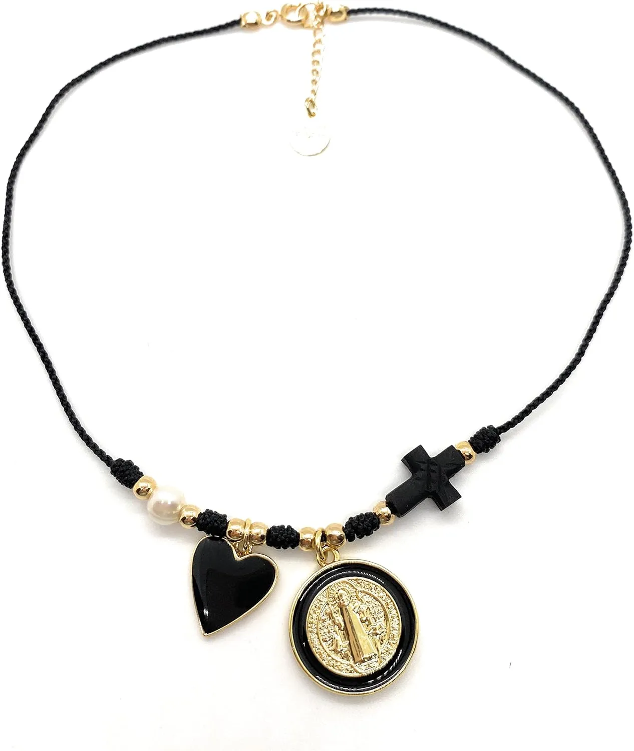 Saint Benedict Gold and Black Tone Enamel Pendant Powerful Azabache Chocker Gargantilla Protectora