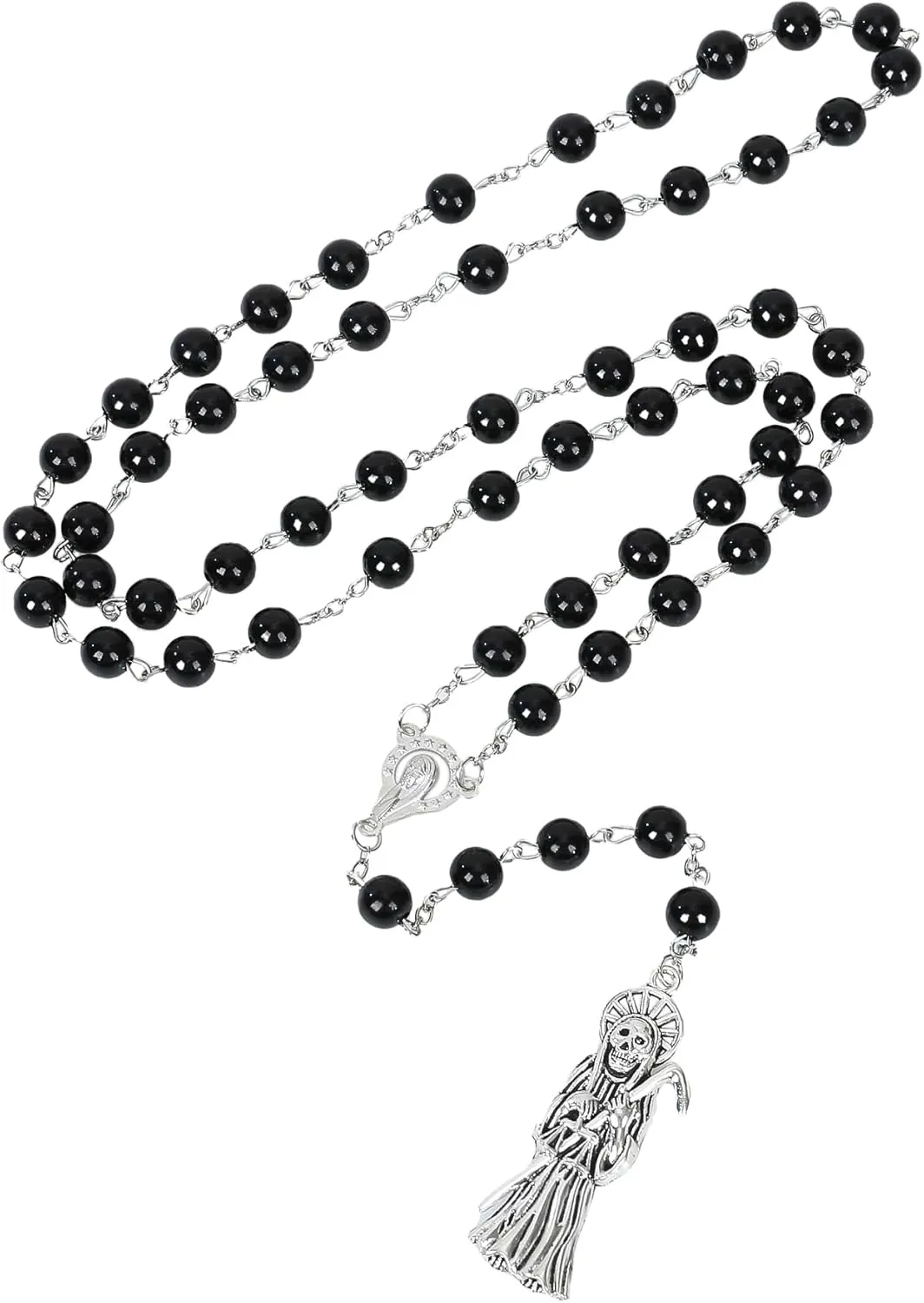SANDOO Santa Muerte Necklace with Rosary Beads,Protection Good Luck Healing Santa Muerte Pendant with Sickle,Religious Jewelry Amulet for Women Girls Men Her Him