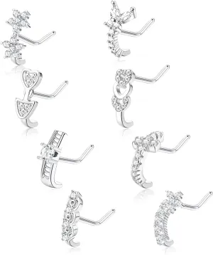 Sanfenly 8Pcs 18G Nose Ring Studs Surgical Steel CZ Heart Butterfly Flower Nose Rings L Shaped Nostrial Piercing Jewelry for Women Men Sliver Gold Rose Gold