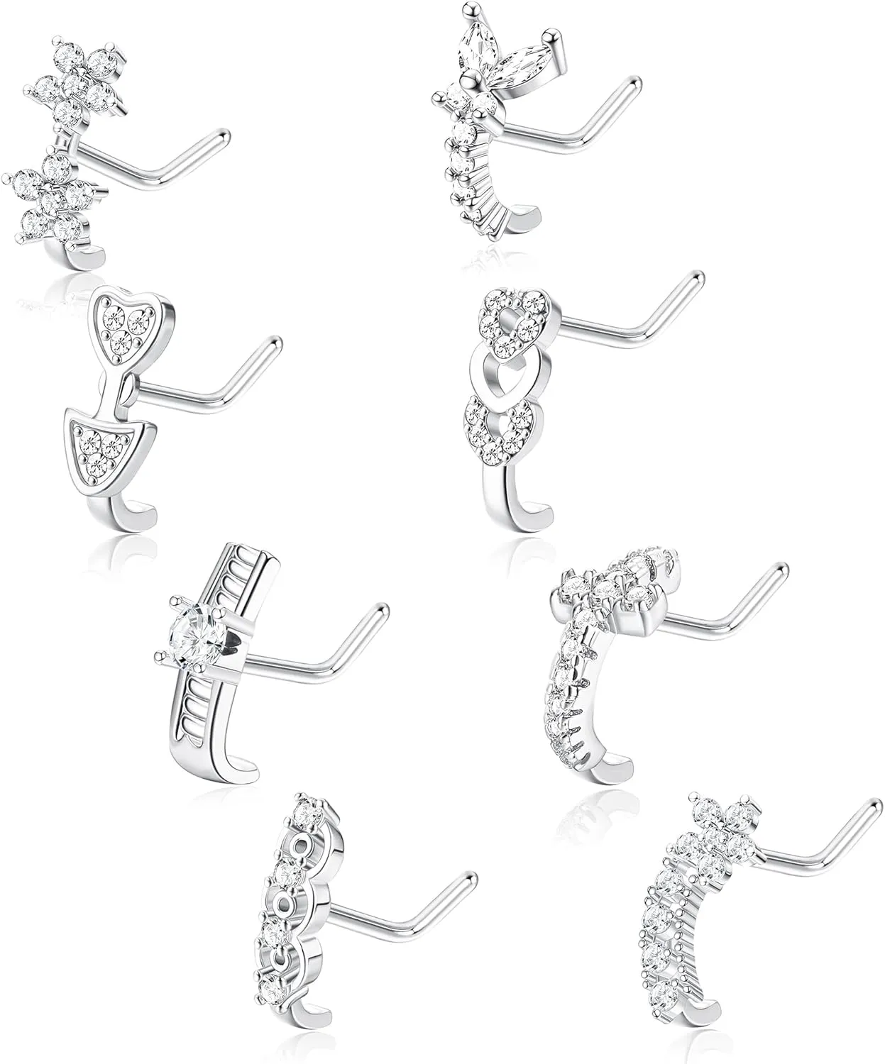 Sanfenly 8Pcs 18G Nose Ring Studs Surgical Steel CZ Heart Butterfly Flower Nose Rings L Shaped Nostrial Piercing Jewelry for Women Men Sliver Gold Rose Gold