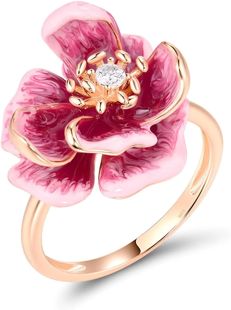 Santuzza 925 Sterling Silver Enamel Flower Statement Ring for Women