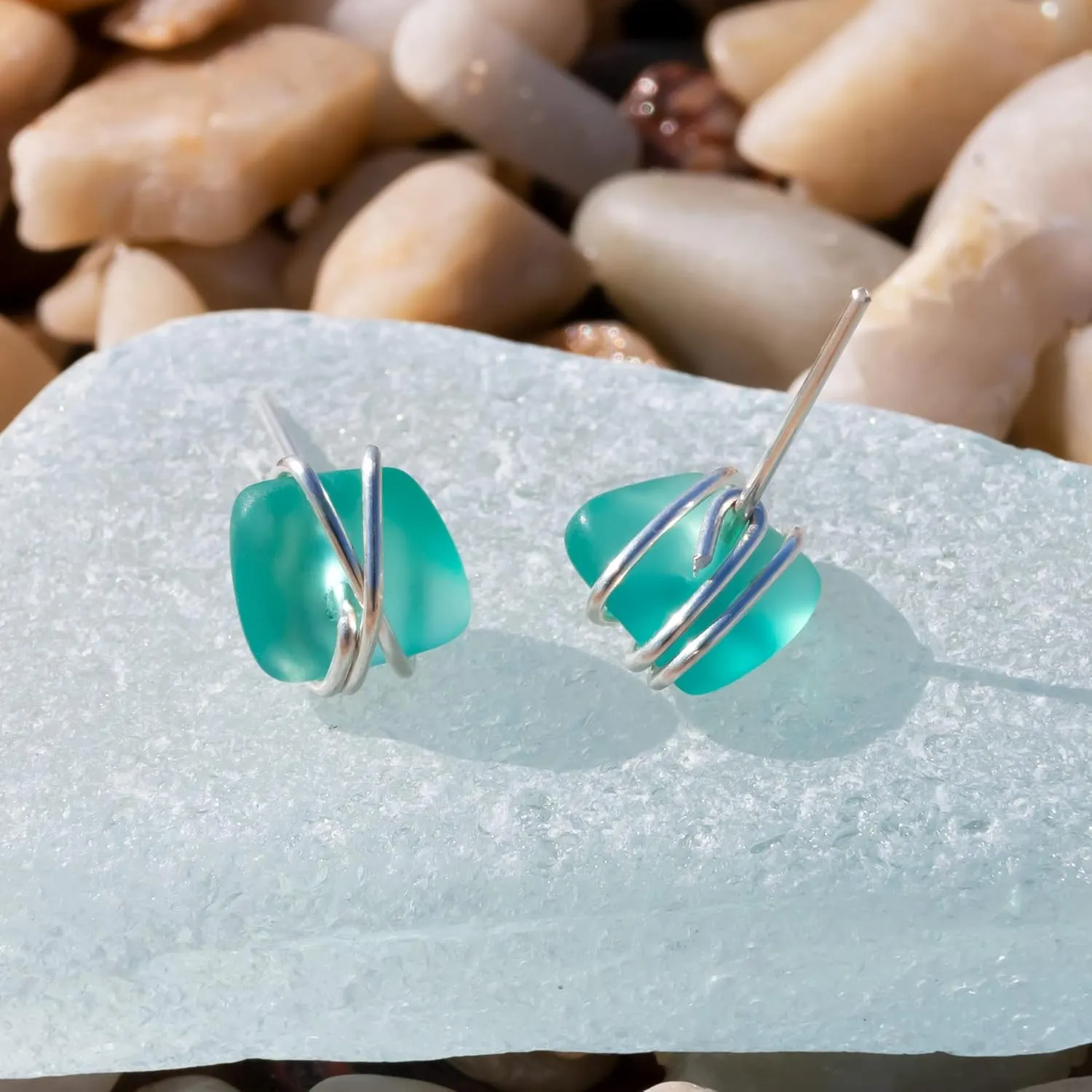 Sea Glass Earrings S990 Sterling Silver Hypoallergenic Handmade Stud Post Earrings Beach Glass Fashion Statement Handcraft Jewelry for Women Girls (S, Green)